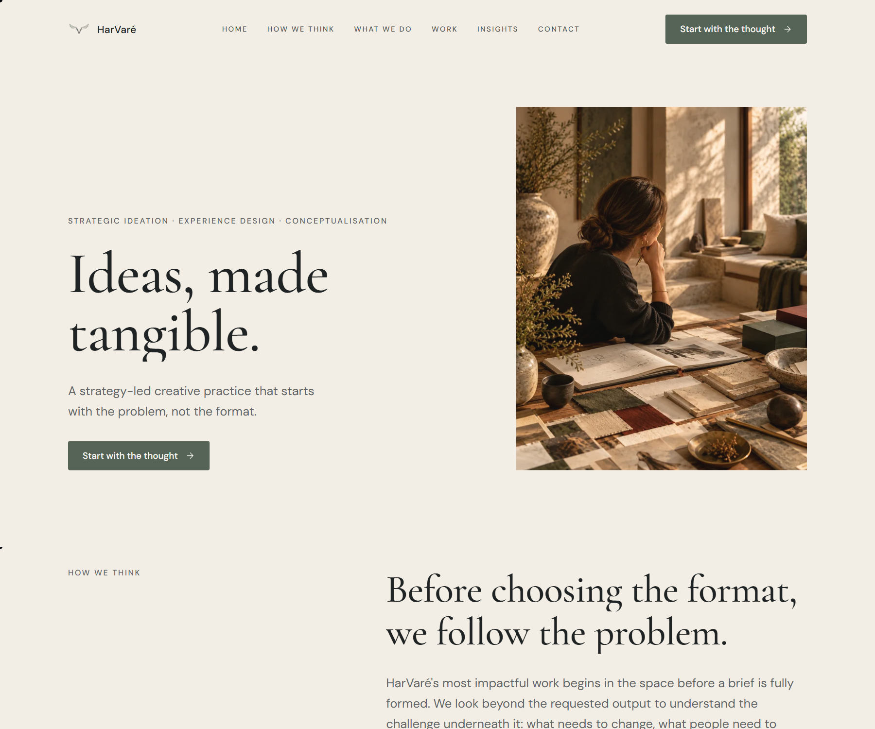 The HarVaré homepage: an ivory editorial layout with the serif headline Ideas, made tangible.