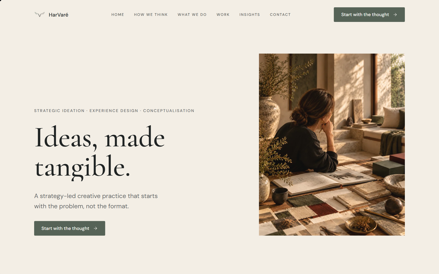 The HarVaré homepage: an ivory editorial layout with the serif headline Ideas, made tangible.