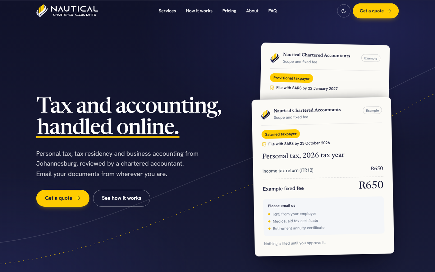 The Nautical Chartered Accountants homepage on navy, headlined Tax and accounting, handled online.
