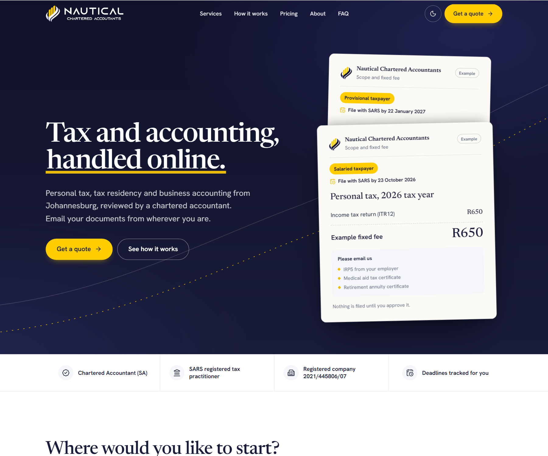 The Nautical Chartered Accountants homepage on navy, headlined Tax and accounting, handled online.