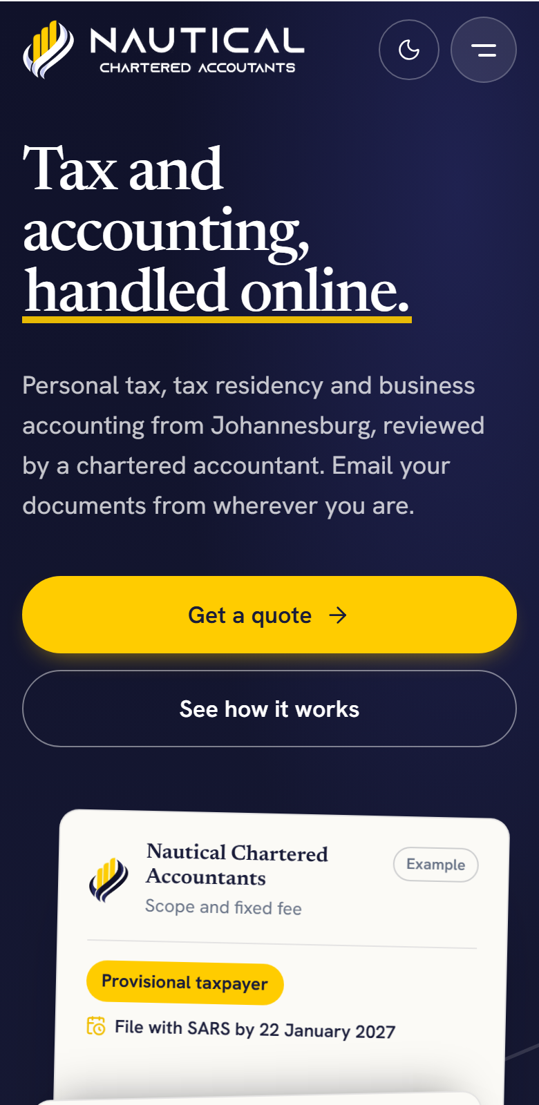 The Nautical Chartered Accountants homepage on a phone.