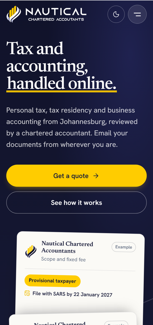 The Nautical Chartered Accountants homepage on a phone.