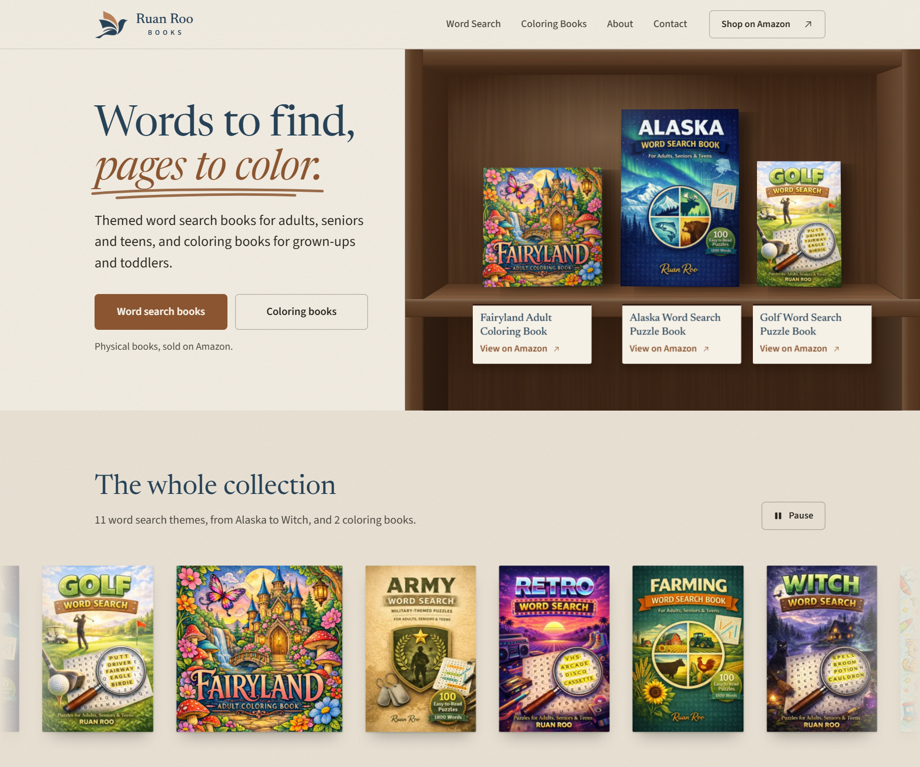 The Ruan Roo Books homepage, headlined Words to find, pages to color, beside a walnut bookcase holding three books.