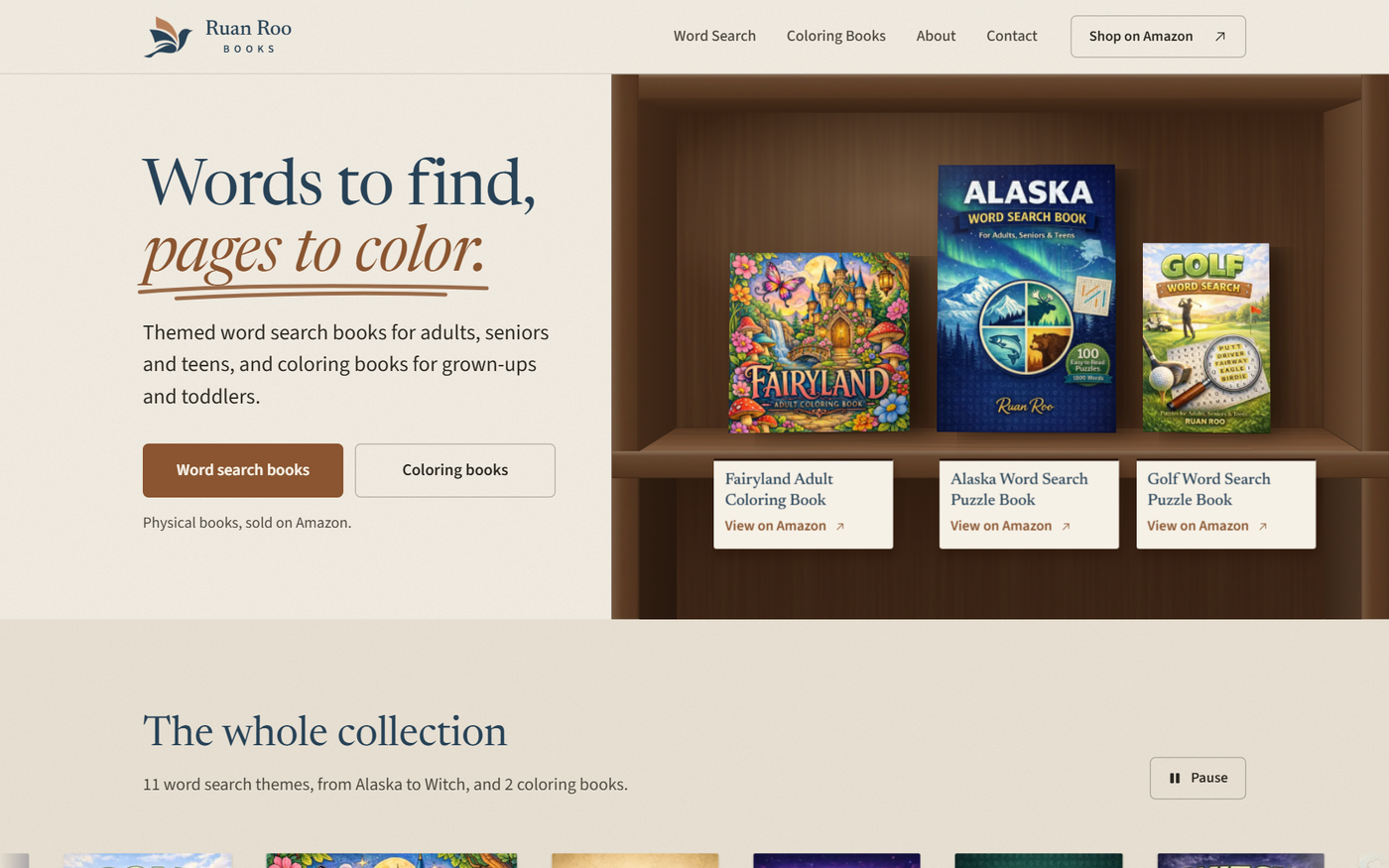 The Ruan Roo Books homepage, headlined Words to find, pages to color, beside a walnut bookcase holding three books.