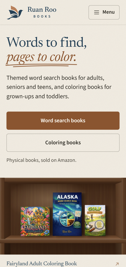 The Ruan Roo Books homepage on a phone.