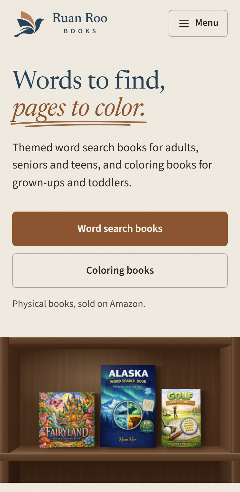 The Ruan Roo Books homepage on a phone.